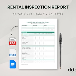 May include: A digital rental inspection report template on a US letter page featuring sections for property address, inspection date, and a detailed checklist for common areas, kitchen, and bathrooms, accompanied by a black ballpoint pen.