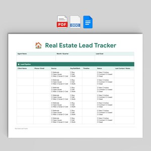Könnte beinhalten: Ein Real Estate Lead Tracker-Dokument mit einem grün-weißen Tabellenlayout. Das Dokument enthält Felder für Kundenname, Telefon/E-Mail, Quelle, Kaufen/Verkaufen/Beides, Zeitachse, Status und letzte Kontakt/Notizen. PDF, DOC und ein blaues Dokumentsymbol.