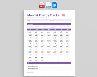 Mood & Energy Tracker afdrukbaar | Maandelijks stemmingslogboek (pdf, Google Documenten, Word)
