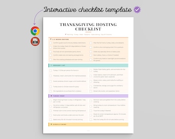 Plantilla interactiva de lista de verificación para organizar el Día de Acción de Gracias (descarga instantánea en HTML y PDF)