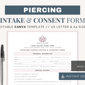Body Piercing Intake Form | Canva Templates | Piercing Consent Form | Client Consultation Forms | Body Piercing Consultation Form