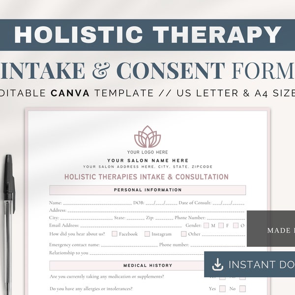 Holistic Therapy Intake | Canva Templates | Holistic Therapy Consent Form | Holistic Therapy Consultation Forms | Medical Intake Forms