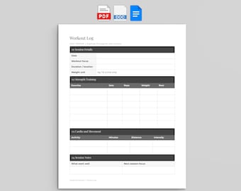 Plantilla de registro de entrenamiento, diario de ejercicios, planificador semanal y seguimiento del progreso (Google Docs, Word, PDF)