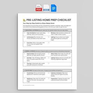 May include: A white document titled "PRE-LISTING HOME PREP CHECKLIST" with a green logo. The checklist includes steps for curb appeal, interior, and kitchen preparation. The document has PDF, DOC, and a blue icon at the top.