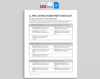 Pre-Listing Home Prep Checklist, Editable Real Estate Staging Guide (Google Docs, Word, PDF)