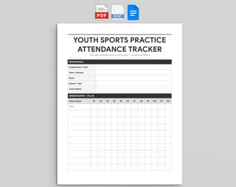 Youth Sports Practice Attendance Tracker | Team Roster Log | PDF, Word, and Google Docs