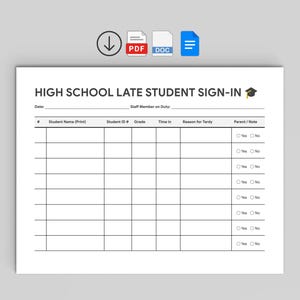 High School Late Student Sign-In Sheet | Tardy Log Tracker (PDF, Google Docs, Word)
