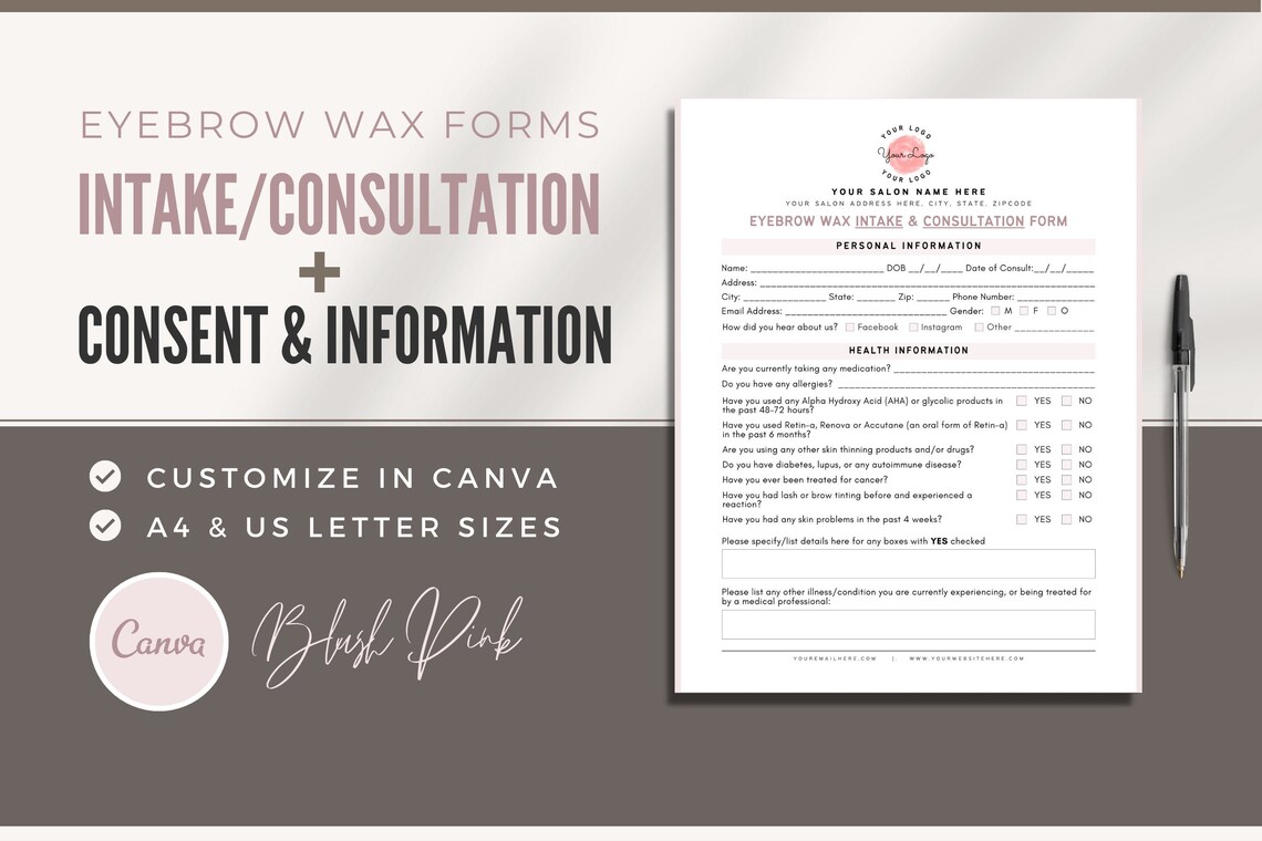 Eyebrow Wax Form Intake Consultation & Consent Form Brow Waxing