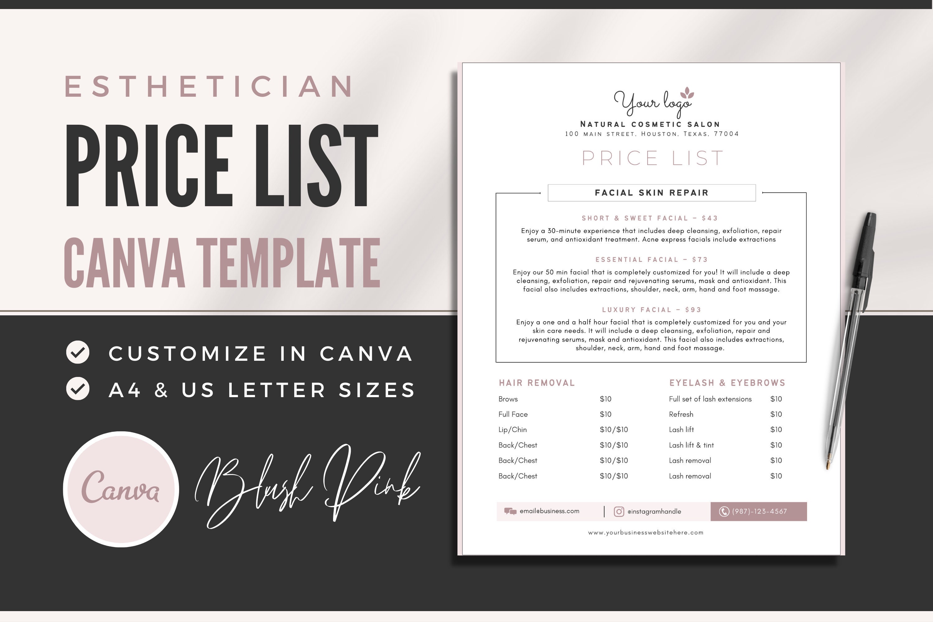 Esthetician Price List Template Price List Sheet Editable Etsy Australia