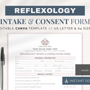 Reflexology Intake Form | Canva Templates | Reflexology Consent Form | Client Consultation Forms | Reflexology Consultation Form