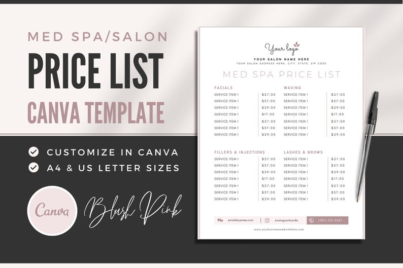 Med Spa Salon Price List Template Price List Sheet Etsy Finland