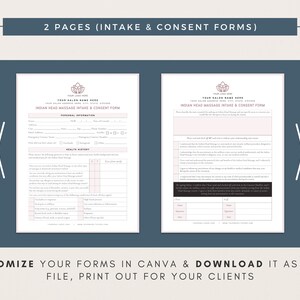 May include: Two-page printable form for Indian head massage intake and consent. The form includes sections for personal information, health history, and consent to treatment. The form is customisable in Canva and can be downloaded as a PDF.