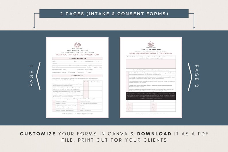 May include: Two-page printable form for Indian head massage intake and consent. The form includes sections for personal information, health history, and consent to treatment. The form is customisable in Canva and can be downloaded as a PDF.