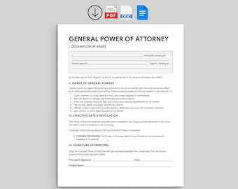 Algemene volmacht | Wettelijke vertegenwoordiging en financiële autoriteit (pdf, Google Docs, Word)