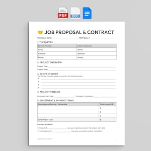 May include: A white job proposal and contract template with black text. The document includes sections for parties, project overview, scope of work, timeline, and payment terms. PDF, DOC, and a blue document icon are in the top right corner.