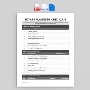 May include: A white estate planning checklist document featuring black headers and text. The form includes sections for essential legal documents, beneficiary designations, and financial accounts, with checkboxes for tracking status and columns for notes.