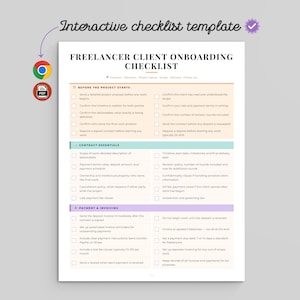 以下が含まれることがあります： FREELANCER CLIENT ONBOARDING CHECKLISTというタイトルのインタラクティブなチェックリストテンプレート。ドキュメントは、BEFORE THE PROJECT STARTS、CONTRACT ESSENTIALS、PAYMENT & INVOICINGの3つのセクションに分かれており、チェックボックスが配置されています。