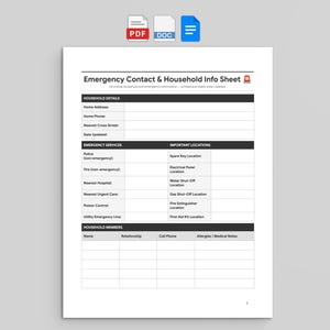Emergency Contact Household Info Sheet | Family Safety Planner (PDF, DOC, Google Docs)