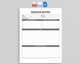 Client Session Notes Template | Meeting Notes Worksheet | PDF, Word, and Google Docs