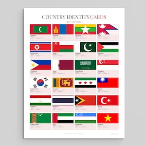 May include: A white educational poster titled COUNTRY IDENTITY CARDS featuring a grid of national flags from Asian countries. Each flag is accompanied by the country name, capital, code, and currency printed in black text on a light pink background.