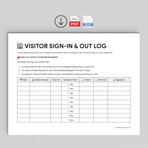 Visitor Log | Assisted Living, Care Facility Sign In Out Sheet (PDF, DOC) Included