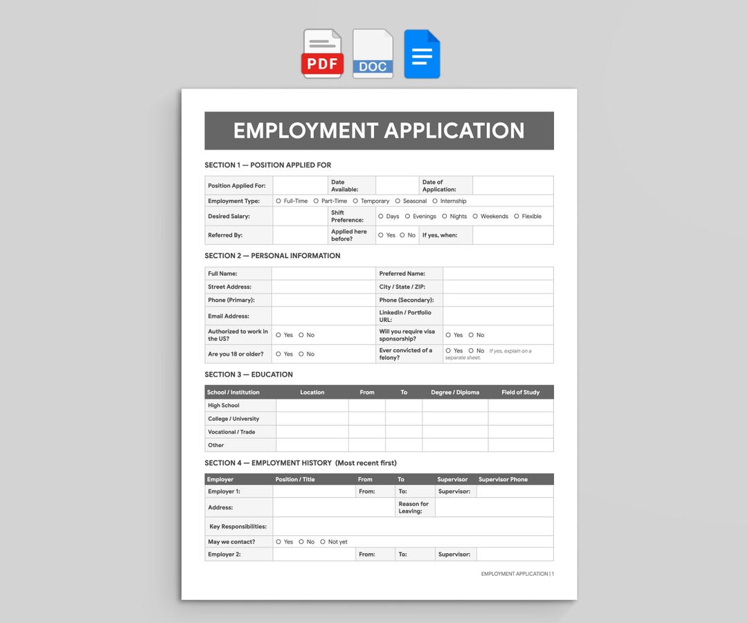 Employment Application Form, Editable HR Hiring Template (google Docs ...