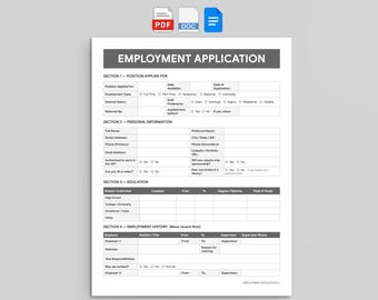 Employment Application Form, Editable HR Hiring Template (Google Docs, Word, PDF)