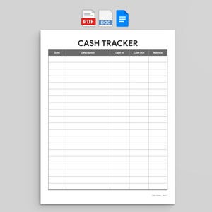 Op de afbeelding: Een wit printbaar kasstroomoverzicht met een zwarte koptekst met de tekst CASH TRACKER. Het document bevat een raster met kolommen met de labels Date, Description, Cash In, Cash Out en Balance. Boven het blad staan PDF-, DOC- en blauwe documentpictogrammen.