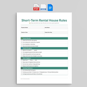 Short Term Rental House Rules Template | Airbnb Host Welcome Guide (PDF, DOC, Google Docs)