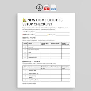 Puede incluir: Una lista de verificación blanca titulada "NEW HOME UTILITIES SETUP CHECKLIST" con secciones para servicios esenciales y conectividad. Incluye campos para la dirección de la propiedad, la fecha de mudanza y la información del proveedor de servicios. Un icono PDF y DOC en la parte superior derecha.