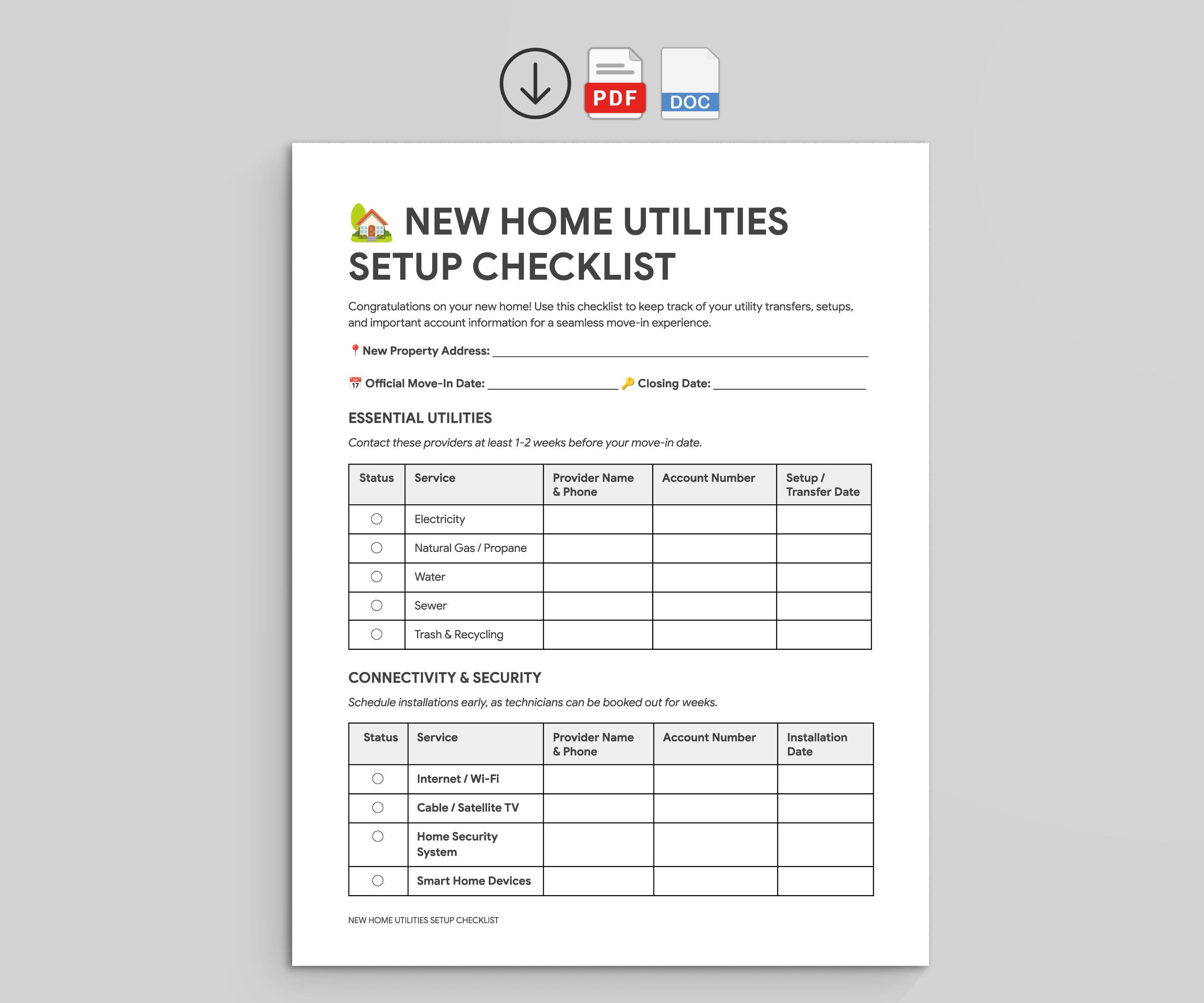 Utilities Checklist Table New Home Utilities Setup Checklist | Moving Planner (PDF, Editable Docs ...