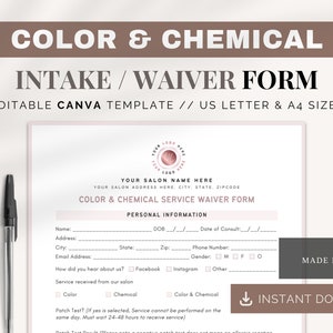 Hair Color Treatment & Waiver Form | Canva Templates |  Hair Salon Business | Chemical and Color | Hair Color Consent | Hair Stylist Form