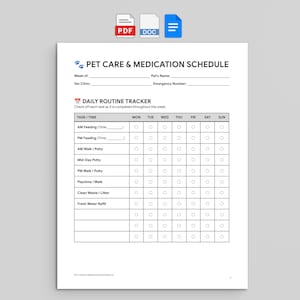 Peut inclure: Un calendrier blanc de soins et de médicaments pour animaux de compagnie avec un en-tête bleu. Le document comprend des sections pour le nom de l'animal, le numéro d'urgence et un suivi quotidien. Les tâches incluent l'alimentation, les promenades et le nettoyage des déchets.