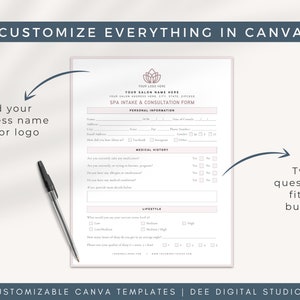 May include: A customizable spa intake and consultation form template in Canva. The form includes sections for personal information, medical history, and lifestyle. The template is designed to be easily edited and personalized to fit the needs of any spa or salon.