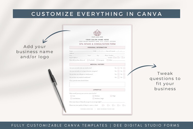 May include: A customizable spa intake and consultation form template in Canva. The form includes sections for personal information, medical history, and lifestyle. The template is designed to be easily edited and personalized to fit the needs of any spa or salon.