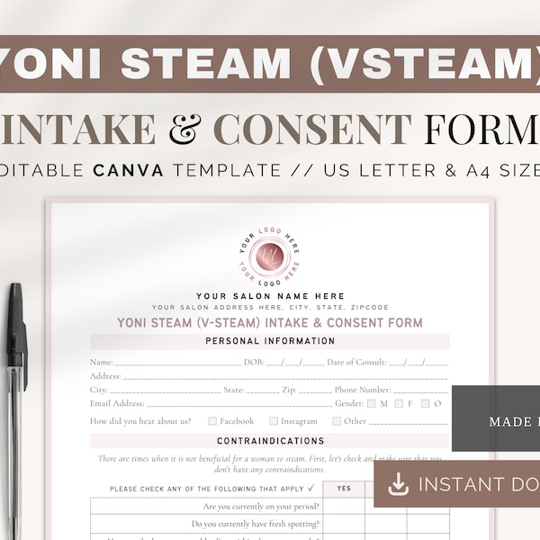 Formulaire d'admission Yoni Steam (VSteam) | Modèles Canva | Formulaire d'admission au spa | Formulaire de consultation | Formulaire de consultation vapeur Yoni Herb | Formes de vapeur V