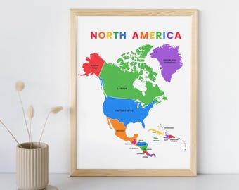 Mapa de Norteamérica para imprimir, póster de geografía para niños (descarga instantánea en PDF)