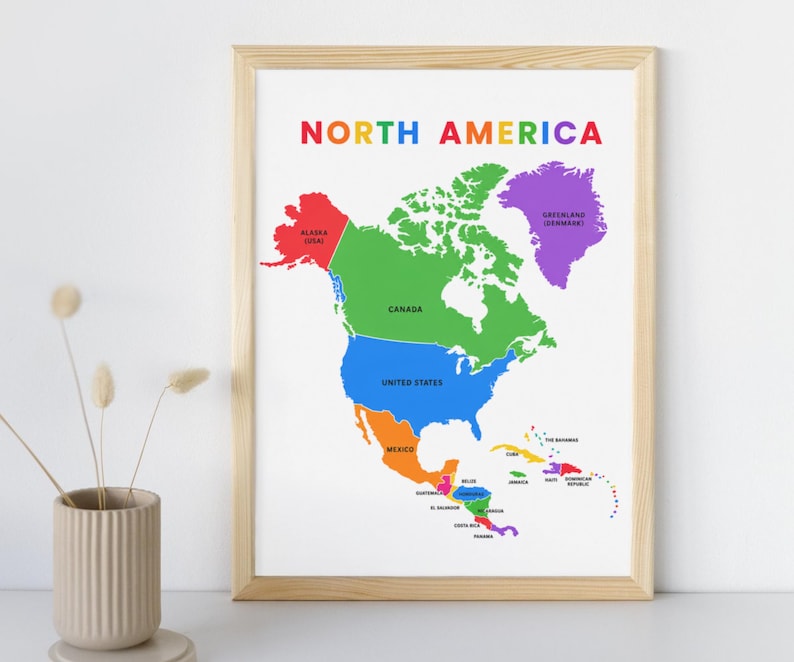 North America Map Printable, Kids Geography Poster (instant Download