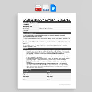 Op de afbeelding: Een wit document getiteld LASH EXTENSION CONSENT & RELEASE met secties voor klantinformatie, erkenningen, voorwaarden en handtekeningen. Het formulier bevat velden voor naam, datum, servicetype en wimperstylist, met PDF-, DOC- en bestandspictogrammen erboven.