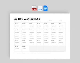 Registro de entrenamiento de 30 y 31 días, seguimiento mensual de ejercicio, cuadrícula de hábitos de fitness en formato horizontal (Google Docs, Word, PDF)