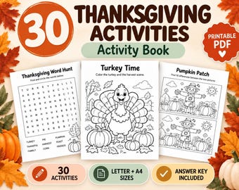 Libro para colorear y de actividades de Acción de Gracias para niños, 30 actividades + portada, PDF imprimible, tamaño carta y A4.