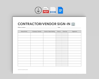 Contractor Vendor Sign-In Sheet, Office Facility Management Log (PDF, Word)