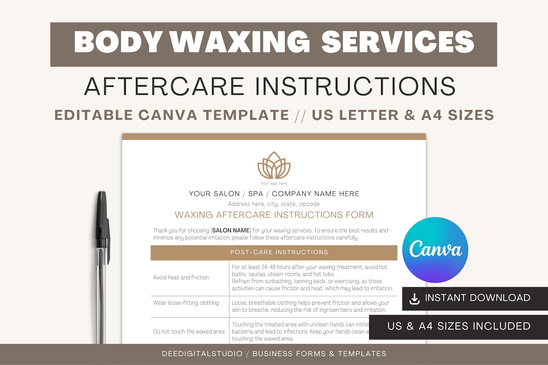 Body Waxing Aftercare Instructions Waxing Aftercare Form Canva Template Salon Business Form