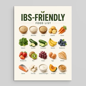 May include: A rectangular poster titled IBS-FRIENDLY FOOD LIST featuring a grid of twenty food items including oats, white rice, quinoa, potatoes, carrots, spinach, zucchini, cucumbers, bananas, blueberries, strawberries, kiwi, grapes, eggs, chicken, salmon, firm tofu, lactose-free yogurt, pumpkin, and peanut butter with text labels for each.