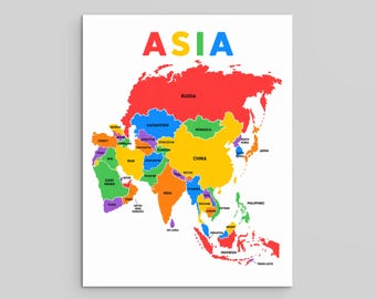 Afdrukbare kaart Azië, kinderposter geografie (pdf direct downloaden)