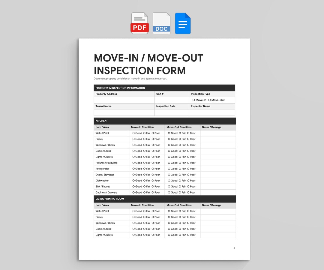 Printable Move Out Inspection Checklist Form.pdf Cleaning Move-in Move-out Inspection Form | Landlord Tenant Checklist ...