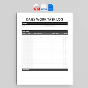 Puede incluir: Una plantilla blanca de registro diario de tareas laborales con encabezados y texto en negro. El documento incluye secciones para detalles, fecha, empleado o equipo, tareas diarias con columnas de inicio, fin, actividad, tiempo total y completado.