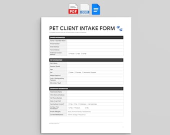 Intakeformulier huisdier: bewerkbare sjabloon voor oppassers, trimmers en dierenartsen (pdf, Word, Google Docs)