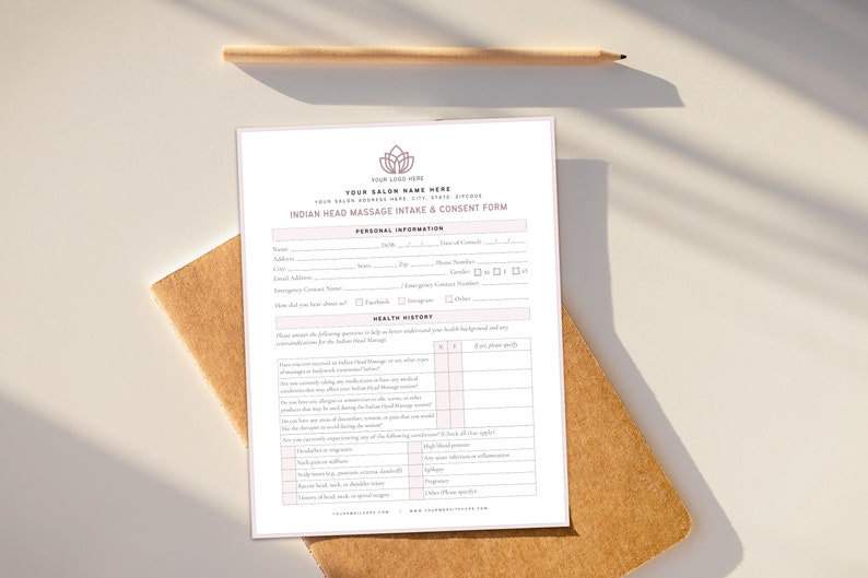 May include: A printable Indian Head Massage Intake & Consent Form with a pink floral logo. The form includes sections for personal information and health history.
