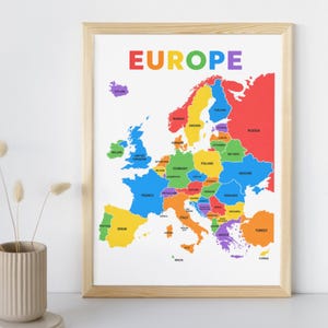 以下が含まれることがあります： さまざまな色で国が示された、ヨーロッパの額入り地図。「EUROPE」の文字が上部に虹色で表示されています。フレームは明るい色の木材でできています。ドライフラワーが入った装飾的な花瓶が前景にあります。